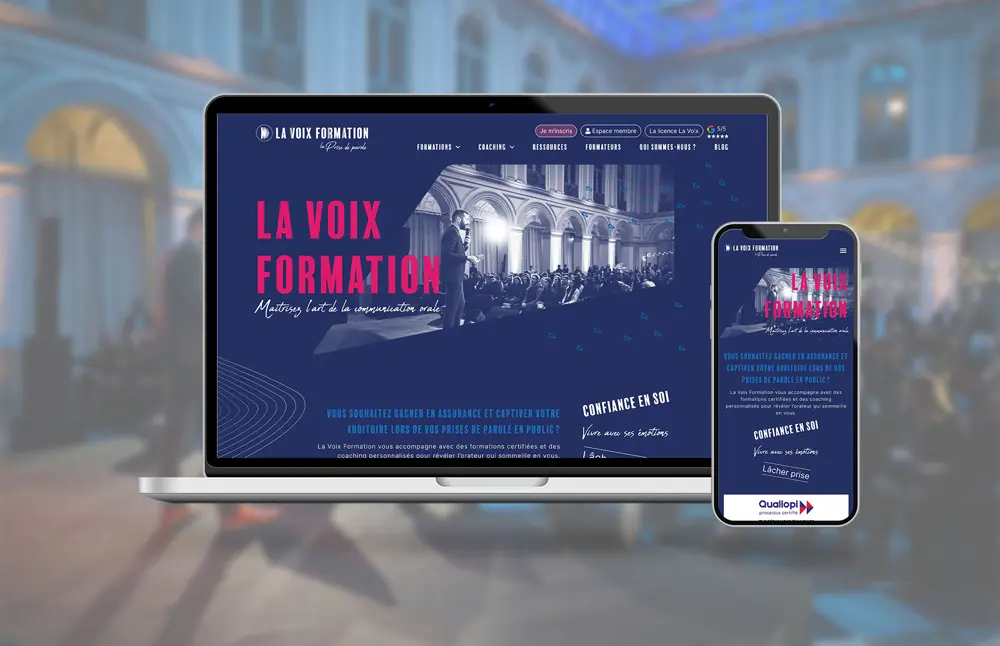 Mockup ordinateur et téléphone réalisation La Voix Formation Bordeaux par Ideclap, refonte site internet audit SEO
