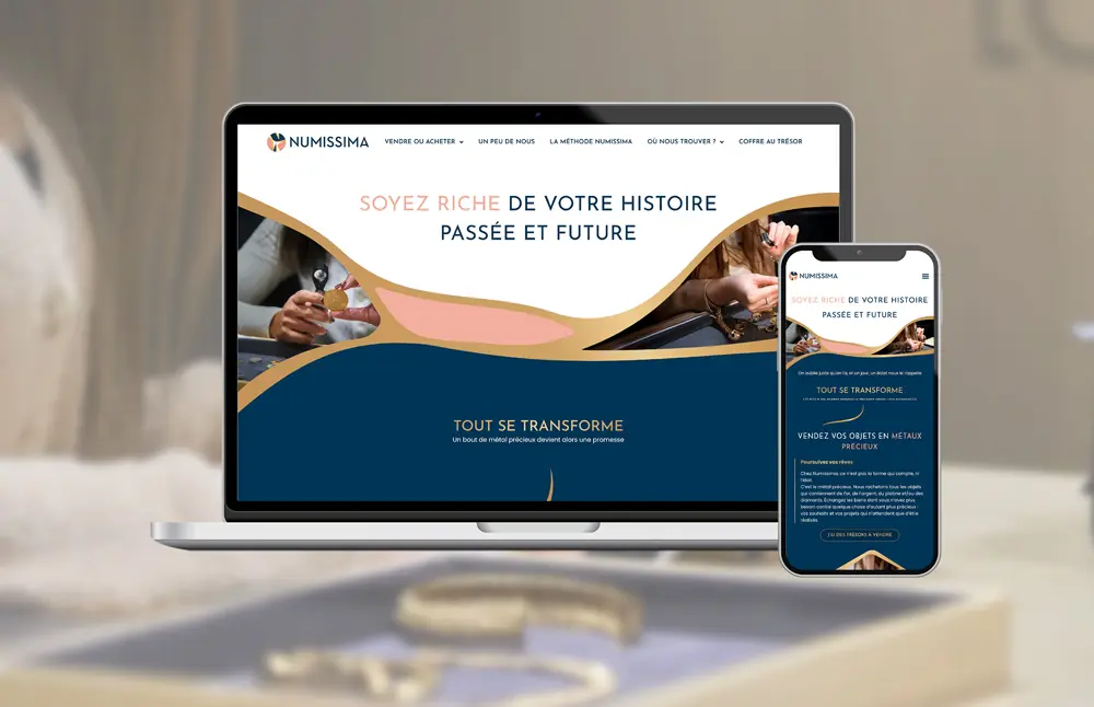 Mockup ordinateur et téléphone réalisation Numissima par Ideclap, refonte site internet