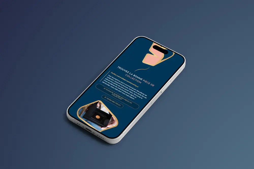 Mockup téléphone réalisation Numissima par Ideclap, refonte site internet